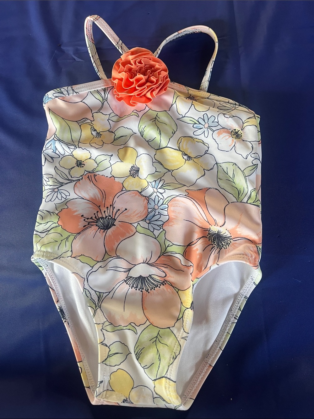 Janie and Jack White Floral One-Piece Swimsuit with Coral Rosette